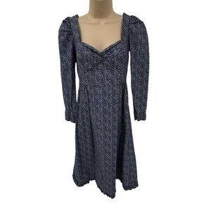 Wilfred Dress‎ Womens 0 Blue White Floral Cotton Smocked Waist Zip Back Ruffle